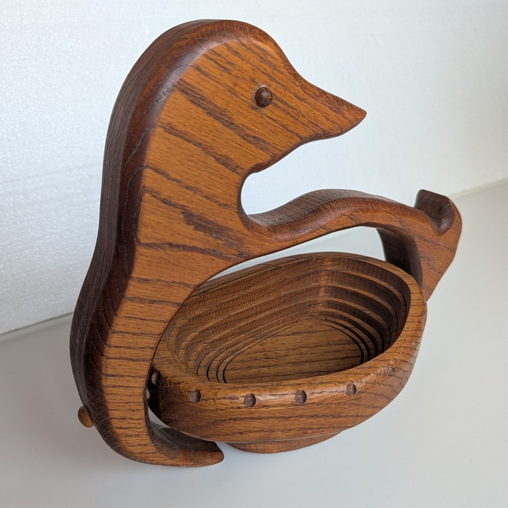 Vintage Oak Wood Collapsible Duck Basket Folding Bird Fruit Bowl Trivet Rustic